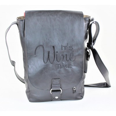 9002B - BLACK LEATHER (PU) WINE BAG WITH (IT'S WINE TIME) MONOGRAMMED